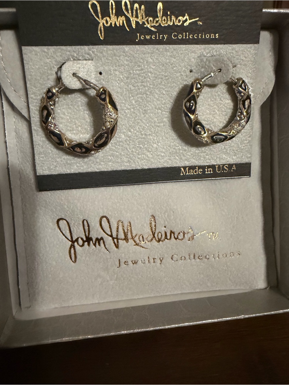 John Medeiros Gold and Black Sculpted Hoop Earrings